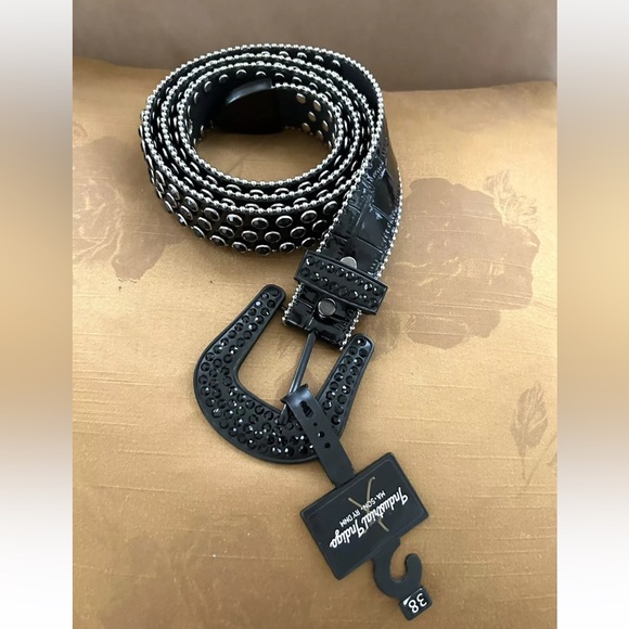 Industrial Indigo Black Rhinestone Studded Belt Unisex MWT Size 42 (Size XL) - Picture 5 of 12